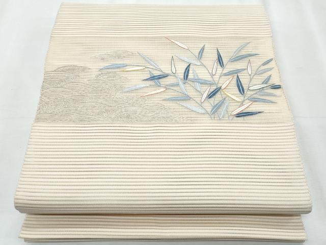 平和屋着物＊夏物　八寸名古屋帯　総刺繍　絽綴れ　枝葉文　銀糸　正絹　逸品　CABJ4546fb