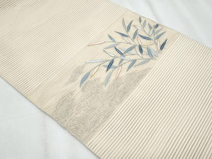 平和屋着物＊夏物　八寸名古屋帯　総刺繍　絽綴れ　枝葉文　銀糸　正絹　逸品　CABJ4546fb