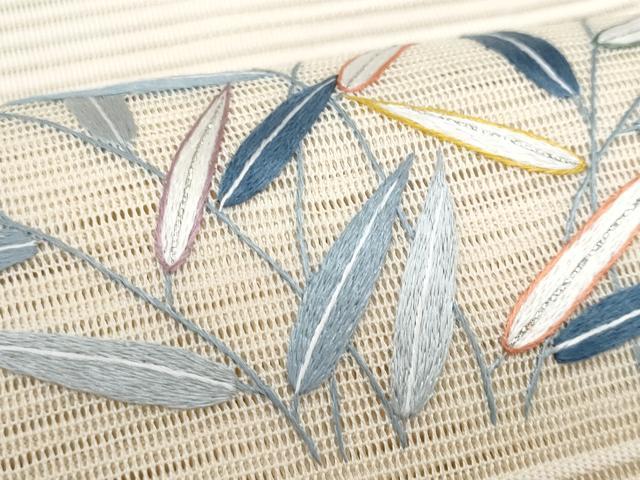 平和屋着物＊夏物　八寸名古屋帯　総刺繍　絽綴れ　枝葉文　銀糸　正絹　逸品　CABJ4546fb