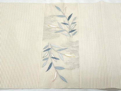 平和屋着物＊夏物　八寸名古屋帯　総刺繍　絽綴れ　枝葉文　銀糸　正絹　逸品　CABJ4546fb