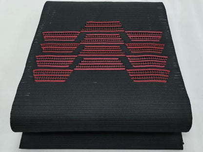 平和屋着物＊夏物　八寸名古屋帯　絽綴れ　幾何学文様　黒地　正絹　逸品　CABJ4548fb