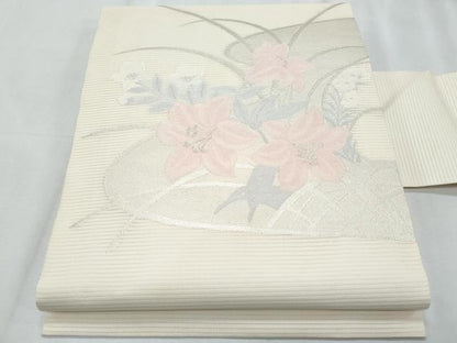 平和屋着物＊夏物　九寸名古屋帯　籬枝花文　銀糸　正絹　逸品　CABJ4552fb