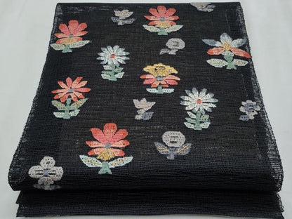 平和屋着物＊夏物　八寸名古屋帯　絽刺し　区限刺繍　枝花文　黒地　金糸　正絹　逸品　CABJ4567fb