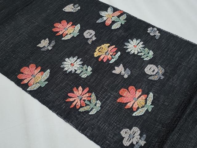 平和屋着物＊夏物　八寸名古屋帯　絽刺し　区限刺繍　枝花文　黒地　金糸　正絹　逸品　CABJ4567fb