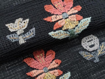 平和屋着物＊夏物　八寸名古屋帯　絽刺し　区限刺繍　枝花文　黒地　金糸　正絹　逸品　CABJ4567fb