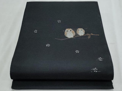 平和屋着物＊夏物　八寸名古屋帯　フクロウ　黒地　正絹　逸品　CABJ4606fb