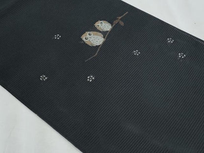 平和屋着物＊夏物　八寸名古屋帯　フクロウ　黒地　正絹　逸品　CABJ4606fb
