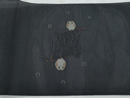 平和屋着物＊夏物　八寸名古屋帯　フクロウ　黒地　正絹　逸品　CABJ4606fb
