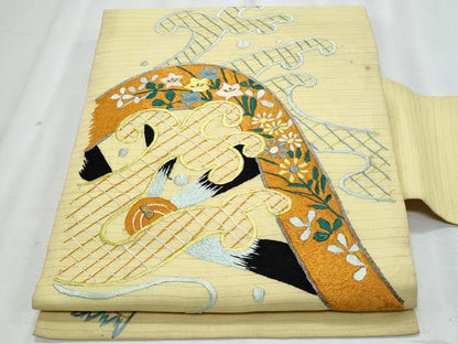 平和屋着物＊夏物　アンティーク　大正ロマン　九寸名古屋帯　総刺繍　手刺繍　立波籬花文　金糸　正絹　逸品　CABJ4615fb