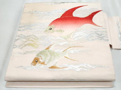 平和屋着物＊夏物　アンティーク　大正ロマン　九寸名古屋帯　刺繍　魚　金銀糸　正絹　逸品　CABJ4619fb