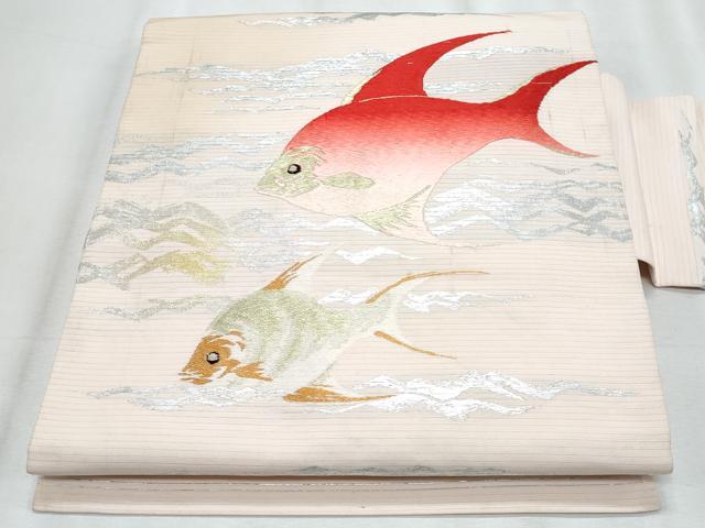 平和屋着物＊夏物　アンティーク　大正ロマン　九寸名古屋帯　刺繍　魚　金銀糸　正絹　逸品　CABJ4619fb