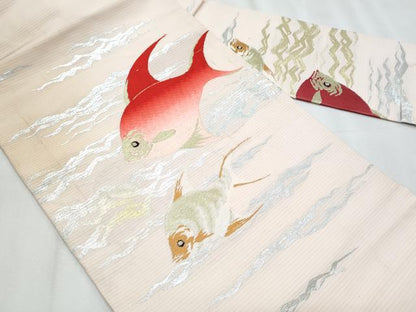 平和屋着物＊夏物　アンティーク　大正ロマン　九寸名古屋帯　刺繍　魚　金銀糸　正絹　逸品　CABJ4619fb