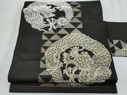 平和屋着物＊夏物　九寸名古屋帯　竜　黒地　金銀糸　正絹　逸品　CABJ4620fb