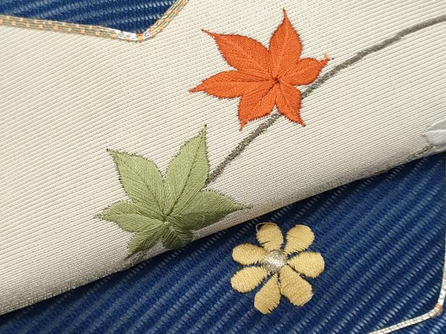 平和屋着物＊夏物　九寸名古屋帯　駒刺繍　枝花文　金糸　正絹　逸品　CABJ4630fb