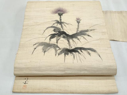平和屋着物＊夏物　九寸名古屋帯　作家物　手描き　枝花文　麻　逸品　CABJ4689fb