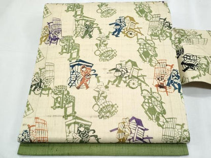 平和屋着物＊夏物　全通柄　九寸名古屋帯　型染め　生紬　人物文　正絹　逸品　CABJ4699fb
