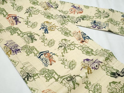 平和屋着物＊夏物　全通柄　九寸名古屋帯　型染め　生紬　人物文　正絹　逸品　CABJ4699fb