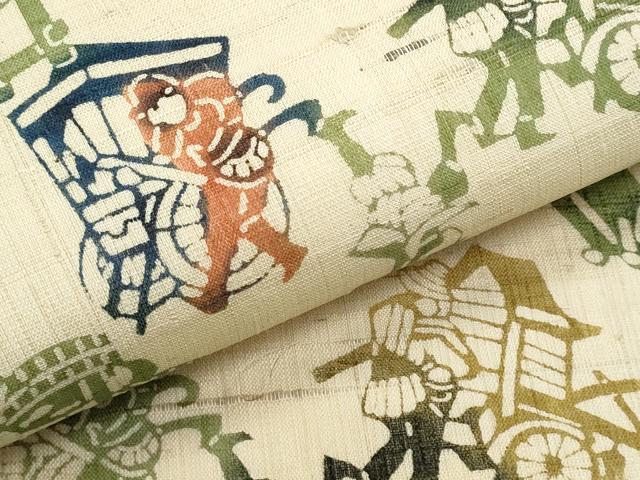 平和屋着物＊夏物　全通柄　九寸名古屋帯　型染め　生紬　人物文　正絹　逸品　CABJ4699fb