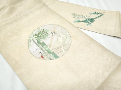 平和屋着物＊夏物　九寸名古屋帯　駒刺繍　飛鳥流水笹竹文　金銀糸　正絹　逸品　CABJ4716fb