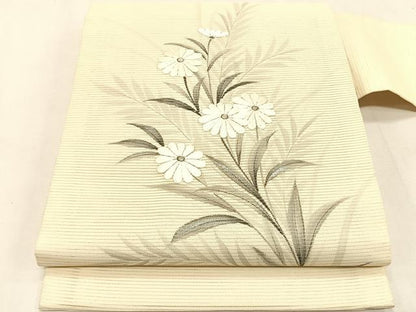 平和屋着物＊夏物　九寸名古屋帯　作家物　手描き　刺繍　枝菊文　銀彩　正絹　逸品　CABJ4737fb