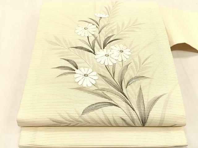 平和屋着物＊夏物　九寸名古屋帯　作家物　手描き　刺繍　枝菊文　銀彩　正絹　逸品　CABJ4737fb