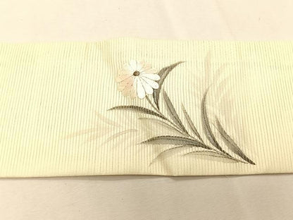 平和屋着物＊夏物　九寸名古屋帯　作家物　手描き　刺繍　枝菊文　銀彩　正絹　逸品　CABJ4737fb