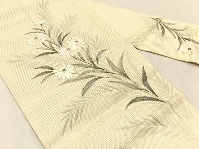 平和屋着物＊夏物　九寸名古屋帯　作家物　手描き　刺繍　枝菊文　銀彩　正絹　逸品　CABJ4737fb