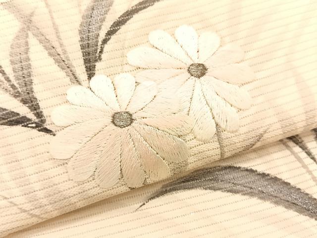 平和屋着物＊夏物　九寸名古屋帯　作家物　手描き　刺繍　枝菊文　銀彩　正絹　逸品　CABJ4737fb