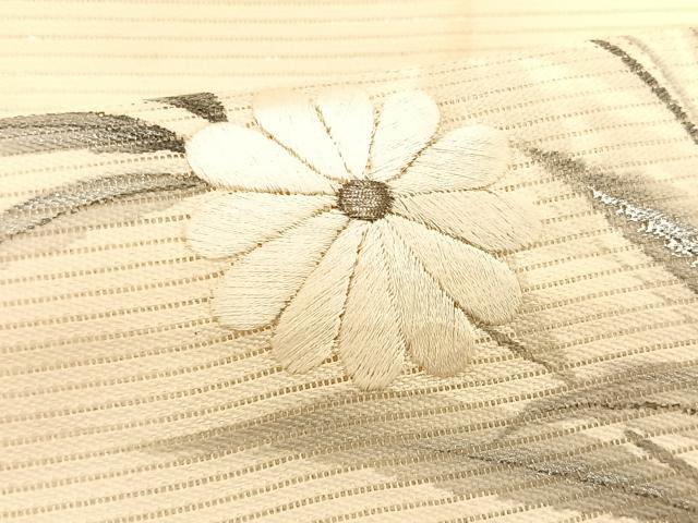 平和屋着物＊夏物　九寸名古屋帯　作家物　手描き　刺繍　枝菊文　銀彩　正絹　逸品　CABJ4737fb