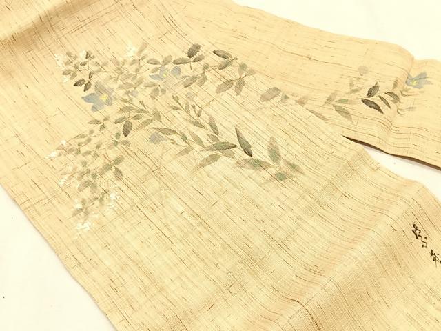 平和屋着物＊夏物　染色作家　桐山紫香　手描き　九寸名古屋帯　桔梗　麻　逸品　CABJ4745fb