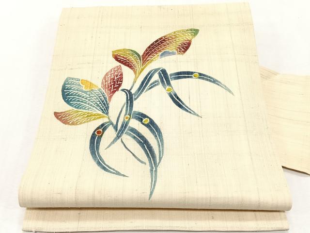 平和屋着物＊夏物　九寸名古屋帯　紬地　型染め　枝花文　正絹　逸品　CABJ4749fb