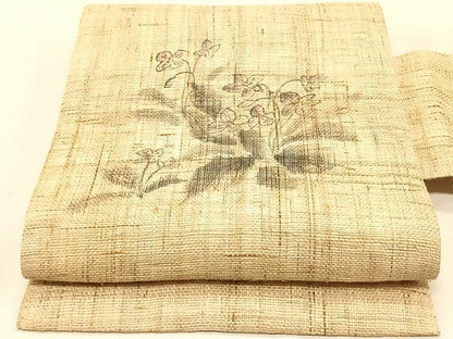 平和屋着物＊夏物　九寸名古屋帯　手描き　枝花文　麻　逸品　CABJ4750fb