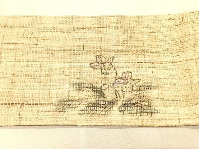 平和屋着物＊夏物　九寸名古屋帯　手描き　枝花文　麻　逸品　CABJ4750fb