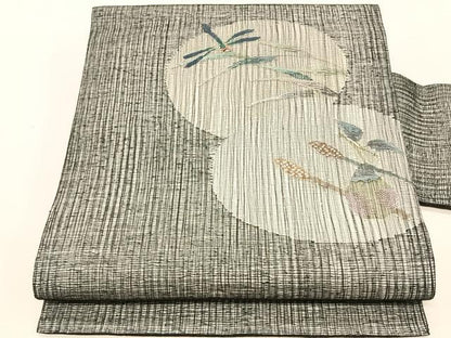 平和屋着物＊夏物　九寸名古屋帯　すくい織　トンボ　枝葉文　金銀糸　正絹　逸品　CABJ4753fb