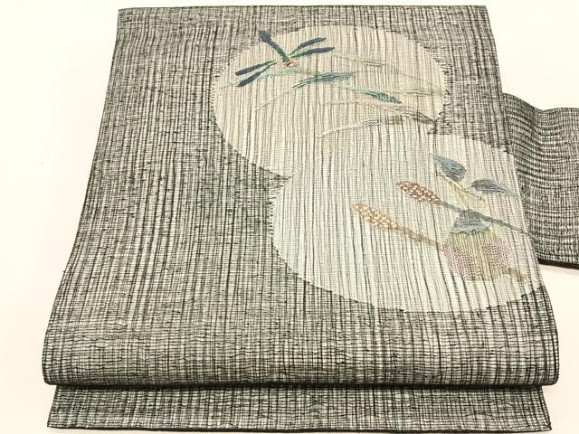 平和屋着物＊夏物　九寸名古屋帯　すくい織　トンボ　枝葉文　金銀糸　正絹　逸品　CABJ4753fb