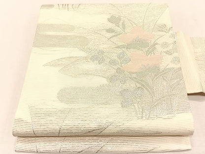 平和屋着物＊夏物　九寸名古屋帯　桔梗　銀糸　正絹　逸品　CABJ4755fb