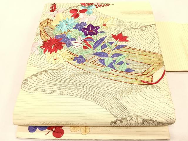 平和屋着物＊夏物　アンティーク　大正ロマン　九寸名古屋帯　総手刺繍　竹屋町刺繍　立波舟枝花文　金銀糸　正絹　逸品　CABJ4760fb