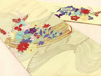 平和屋着物＊夏物　アンティーク　大正ロマン　九寸名古屋帯　総手刺繍　竹屋町刺繍　立波舟枝花文　金銀糸　正絹　逸品　CABJ4760fb