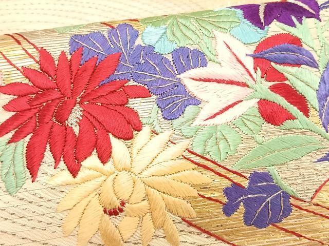 平和屋着物＊夏物　アンティーク　大正ロマン　九寸名古屋帯　総手刺繍　竹屋町刺繍　立波舟枝花文　金銀糸　正絹　逸品　CABJ4760fb