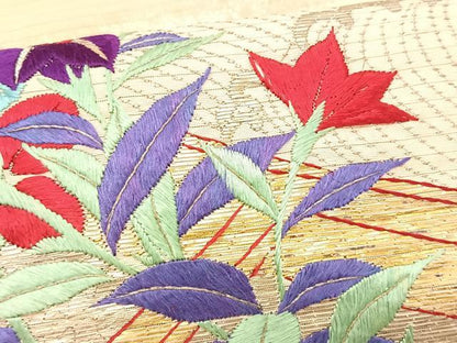 平和屋着物＊夏物　アンティーク　大正ロマン　九寸名古屋帯　総手刺繍　竹屋町刺繍　立波舟枝花文　金銀糸　正絹　逸品　CABJ4760fb