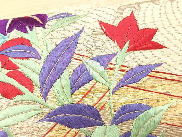 平和屋着物＊夏物　アンティーク　大正ロマン　九寸名古屋帯　総手刺繍　竹屋町刺繍　立波舟枝花文　金銀糸　正絹　逸品　CABJ4760fb