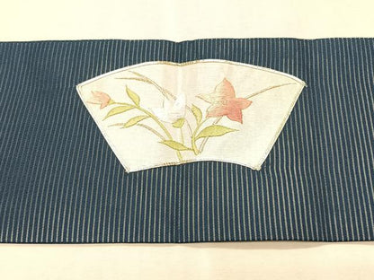 平和屋着物＊夏物　九寸名古屋帯　駒刺繍　総刺繍　地紙重ね桔梗文　正絹　逸品　CABJ4761fb