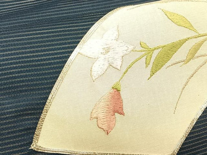 平和屋着物＊夏物　九寸名古屋帯　駒刺繍　総刺繍　地紙重ね桔梗文　正絹　逸品　CABJ4761fb