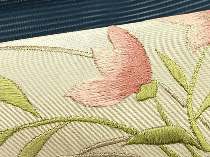 平和屋着物＊夏物　九寸名古屋帯　駒刺繍　総刺繍　地紙重ね桔梗文　正絹　逸品　CABJ4761fb