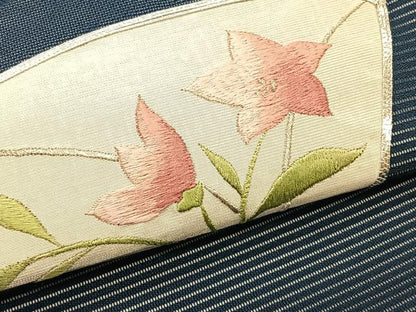 平和屋着物＊夏物　九寸名古屋帯　駒刺繍　総刺繍　地紙重ね桔梗文　正絹　逸品　CABJ4761fb