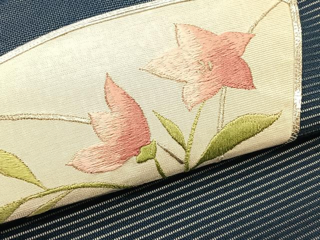 平和屋着物＊夏物　九寸名古屋帯　駒刺繍　総刺繍　地紙重ね桔梗文　正絹　逸品　CABJ4761fb