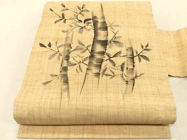 平和屋着物＊夏物　九寸名古屋帯　手描き　枝葉竹文　麻　逸品　CABJ4765fb
