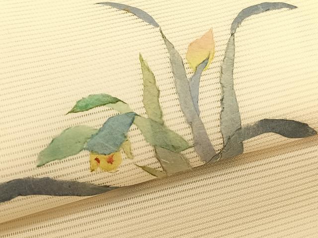平和屋着物＊夏物　九寸名古屋帯　草花文　和紙　正絹　逸品　CABJ4769fb