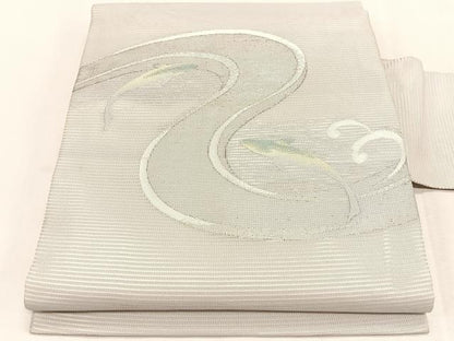 平和屋着物＊夏物　九寸名古屋帯　魚　流水文　銀糸　正絹　逸品　CABJ4772fb