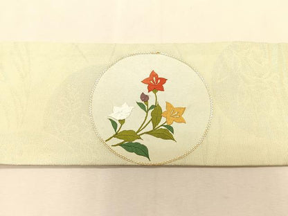 平和屋着物＊夏物　九寸名古屋帯　駒刺繍　枝楓萩丸文　金銀糸　正絹　逸品　CABJ4777fb